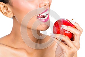 Asian woman eating apple and living healthy