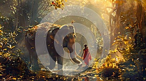 Asian woman with elephant in jungle, Generative AI illustrations