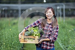 Asian woman farmer is carrying wooden tray full of freshly pick organics vegetables in her garden for harvest season and healthy