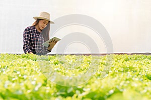 Asian woman farmer check salad vegetable growth and use tablet for control water, light, temperature in hydroponic plant system