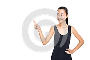 Asian woman foxy smiling and pointing finger at something