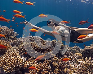 Asian woman freediving in amazing vivid coral reef