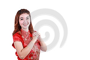Asian woman with gesture of congratulation