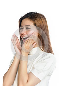 Asian woman in gesturing a verbal call.