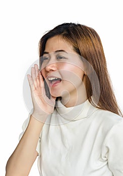 Asian woman in gesturing a verbal call.