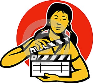 Asian Woman Girl With Movie Clapboard