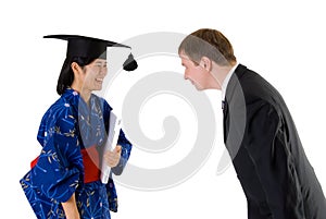 Asian woman greeting man