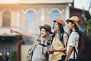 Asian woman group backpacker, Friendship traveller backpack travel.