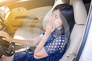 Asian woman hand holding her mouth and nose because of bad smell