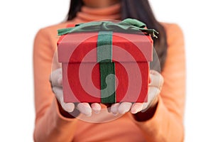 Asian Woman Hand Holding Red Present Box on White Background