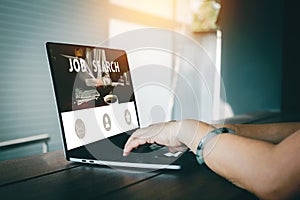 Asian woman hand using the keyboard to search job browsing work opportunities online on web job search websites. Search, laptop
