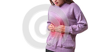 Asian woman having painful stomach ache and She used the hand to hold the belly isolate on white background,Period cramps, with