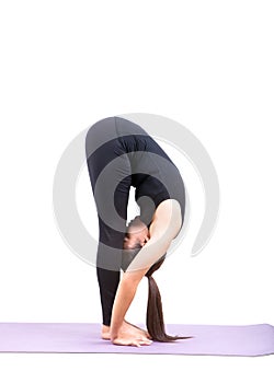 Asian woman health care yoga posting isolated white background photo
