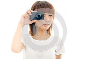 Asian woman holding camera, isolated white