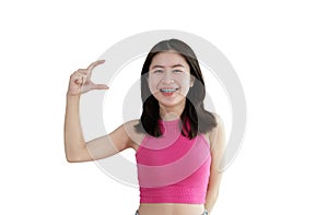 Asian woman with holding copyspace imaginary on the palm to insert an ad