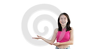 Asian woman with holding copyspace imaginary on the palm to insert an ad