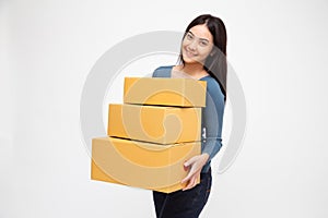 Asian woman holding package parcel box, Delivery courier and shipment service concept