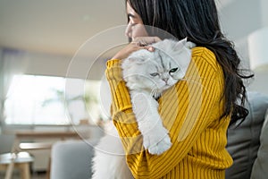 Asian woman holding and play with little cat with happiness at home. Attractive beautiful female sit on sofa, spend leisure free