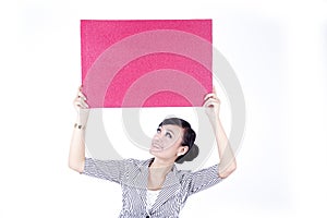 Asian woman holding a red blank sign billboard