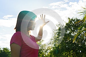 Asian woman in hot summer - heat stroke concept