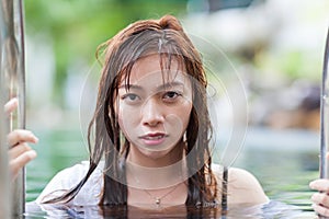 Asian Woman In Hotel Swimming Pool Relaxing Vacation Travel, Young Girl Enjoying Spa