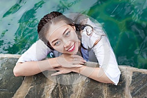 Asian Woman In Hotel Swimming Pool Relaxing Vacation Travel, Young Girl Enjoying Spa