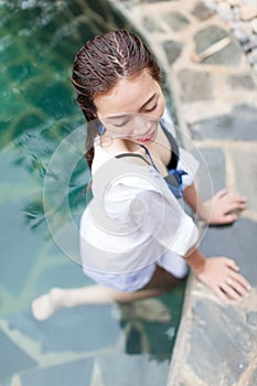 Asian Woman In Hotel Swimming Pool Relaxing Vacation Travel, Young Girl Enjoying Spa