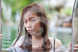 Asian Woman In Hotel Swimming Pool Relaxing Vacation Travel, Young Girl Enjoying Spa