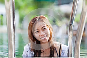 Asian Woman In Hotel Swimming Pool Relaxing Vacation Travel, Young Girl Enjoying Spa