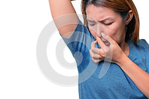 Asian woman with hyperhidrosis sweating under armpit, feel bad with body, odor smell problem, isolate on white background, with