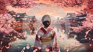 Asian woman in kimono in scenic cherry blossom garden. Generative AI.