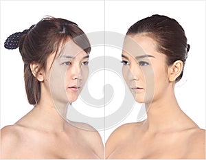 Asian Woman before and after make up hair style. no retouch,