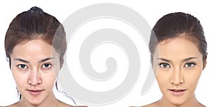 Asian Woman before and after make up hair style. no retouch,