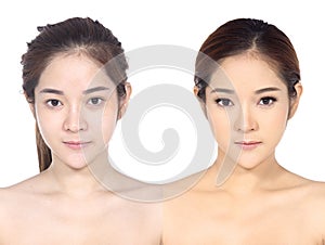 Asian Woman before and after make up hair style. no retouch,