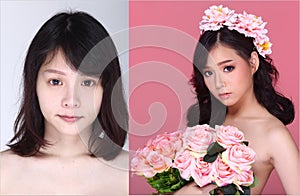 Asian Woman before after make up hair style. no retouch,