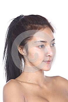 Asian Woman before make up. no retouch, fresh face with acne