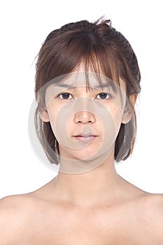 Asian Woman before make up. no retouch, fresh face with acne, sk