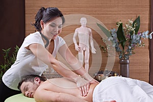 Asian woman making massage for a man