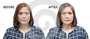 Asian woman middle aged portrait person before and after retouch wrinkles face skin processing isolated on white background,