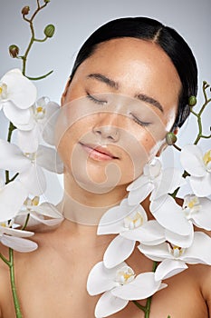 Asian woman, orchid flower and skincare on studio background in relax wellness, health and face. Portrait of smile and