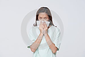 Asian woman patient runny nose health problems, fever, illness, flu isolated on white background