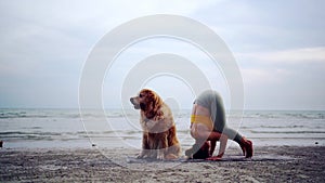 Asian woman performs yoga stretching exercises with dog at the beach. Golden Retriever lifestyle on summer holiday