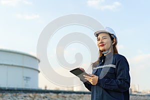 Asian woman petrochemical engineer working with digital tablet Inside oil and gas refinery plant industry factory at night for