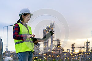 Asian woman petrochemical engineer working at night with notebook Inside oil and gas refinery plant industry factory at night for