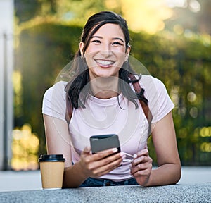 Asian woman, phone and portrait with coffee of a person in a London garden happy about travel. Networking, online