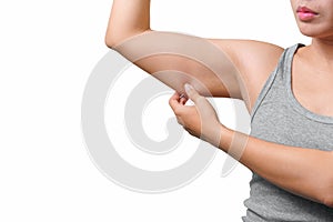 Asian woman pinching arm fat flabby skin isoloate on white background, with clipping path