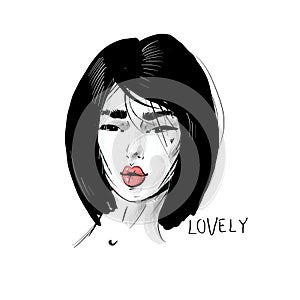 Asian woman portrait. Fashion illustration. Haircut BOB STRAIGHT. Red lips. Hand drawn vector art isolated on white. Can