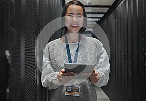Asian woman, portrait smile and tablet of technician in server room for networking, maintenance or systems at office