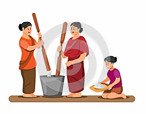 Asian woman pounding and cleaning rice traditional activity in village concept in cartoon illustration vector isolated in white ba