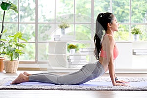 Asian woman practice yoga, body stretch exercise at home, Young asia girl doing up dog, yoga posture, in the morning , exercise at